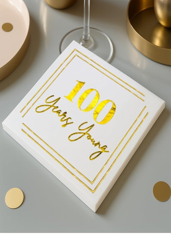 Cloverjoyed 100th Birthday Cocktail Napkins, Gold 100 Years Old Bday Party Decorations, "100 Years Young" Disposable Paper Napkin Decor for Women Men, Milestone Celebration, Fabulous Gift Ideas, 50 Pack - Image 3